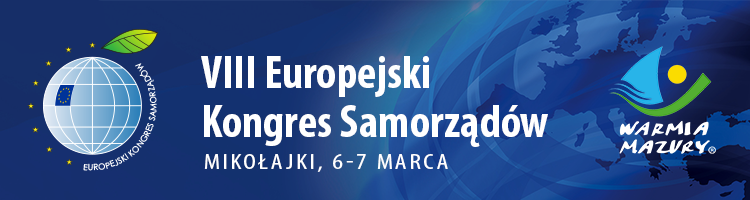 Baner informujący o VIII Europejskim Kongresie Samorządów, który odbędzie się w Mikołajkach w dniach 6-7 marca, z logo Europy i regionu Warmia-Mazury.