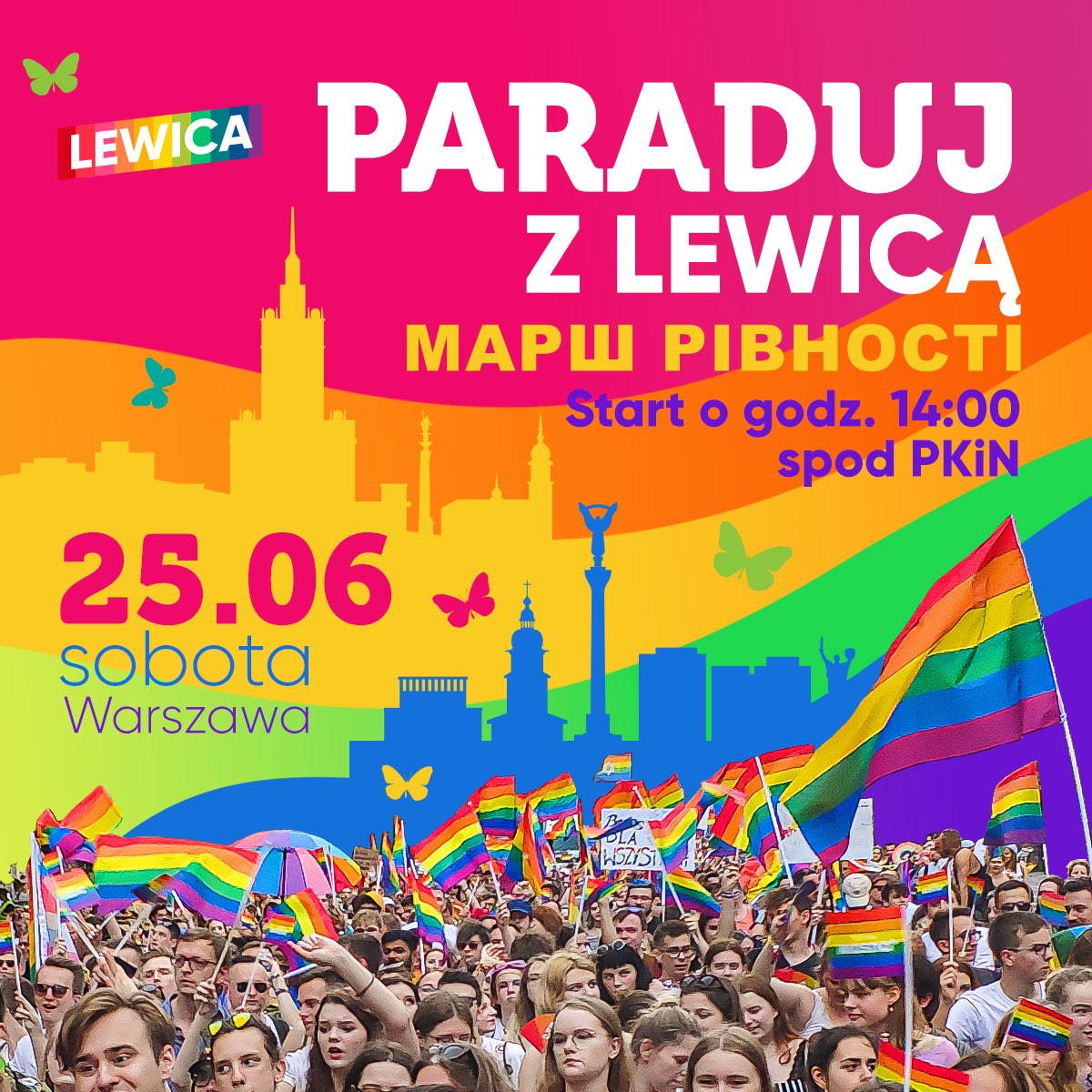 Kolorowy plakat zapowiadający Paradę Równości w Warszawie, z tęczowymi barwami, sylwetkami miasta i tłumem ludzi niosących flagi.