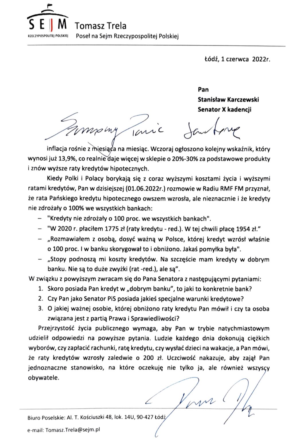 Na zdjęciu znajduje się list datowany na 1 czerwca 2022 roku, napisany przez posła Tomasza Trelę, adresowany do senatora Stanisława Karczewskiego, poruszający kwestie inflacji i kosztów kredytów hipotecznych w Polsce.