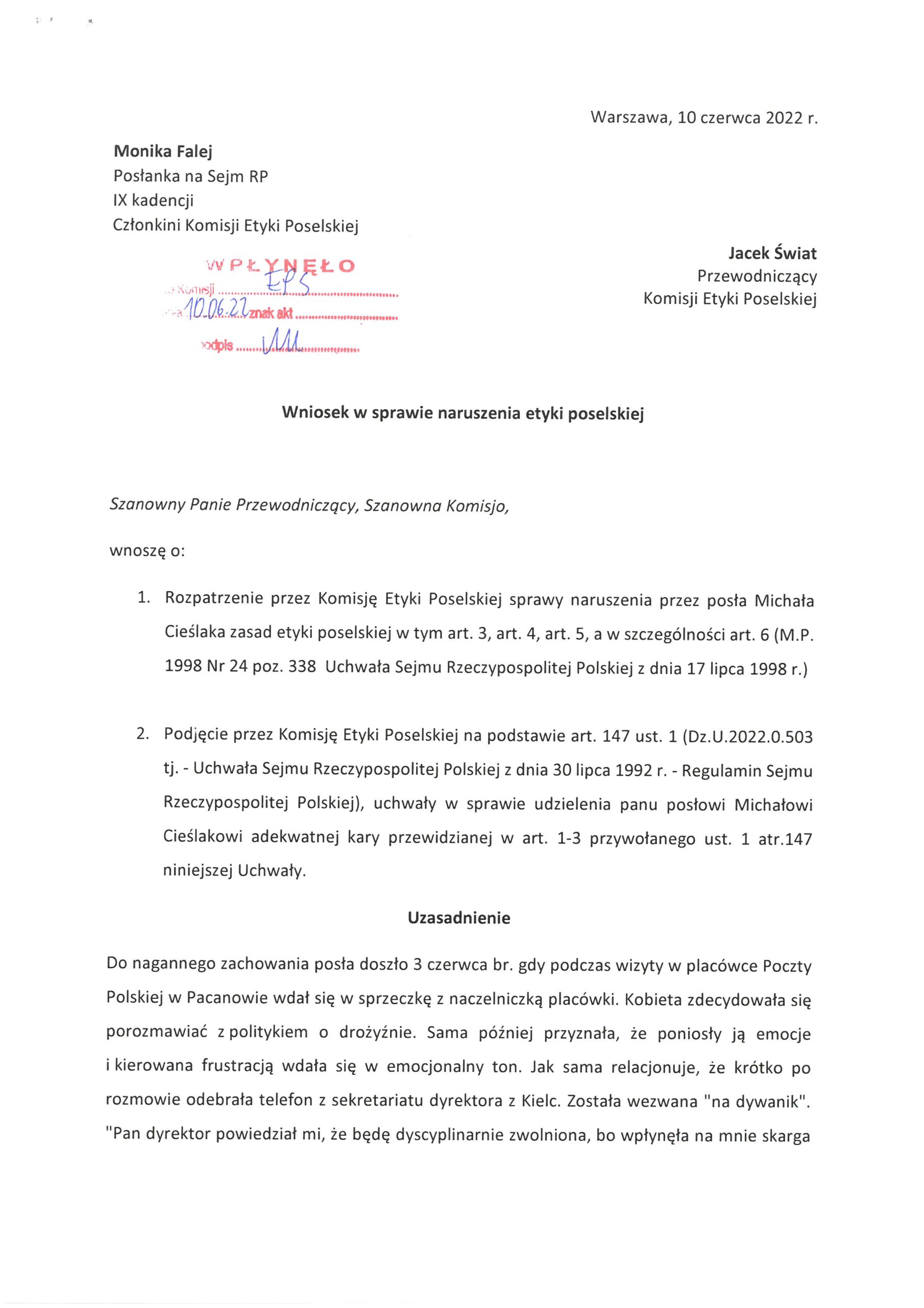 Dokument przedstawia wniosek dotyczący naruszenia etyki poselskiej przez posła Michała Cieślaka, skierowany do Komisji Etyki Poselskiej.