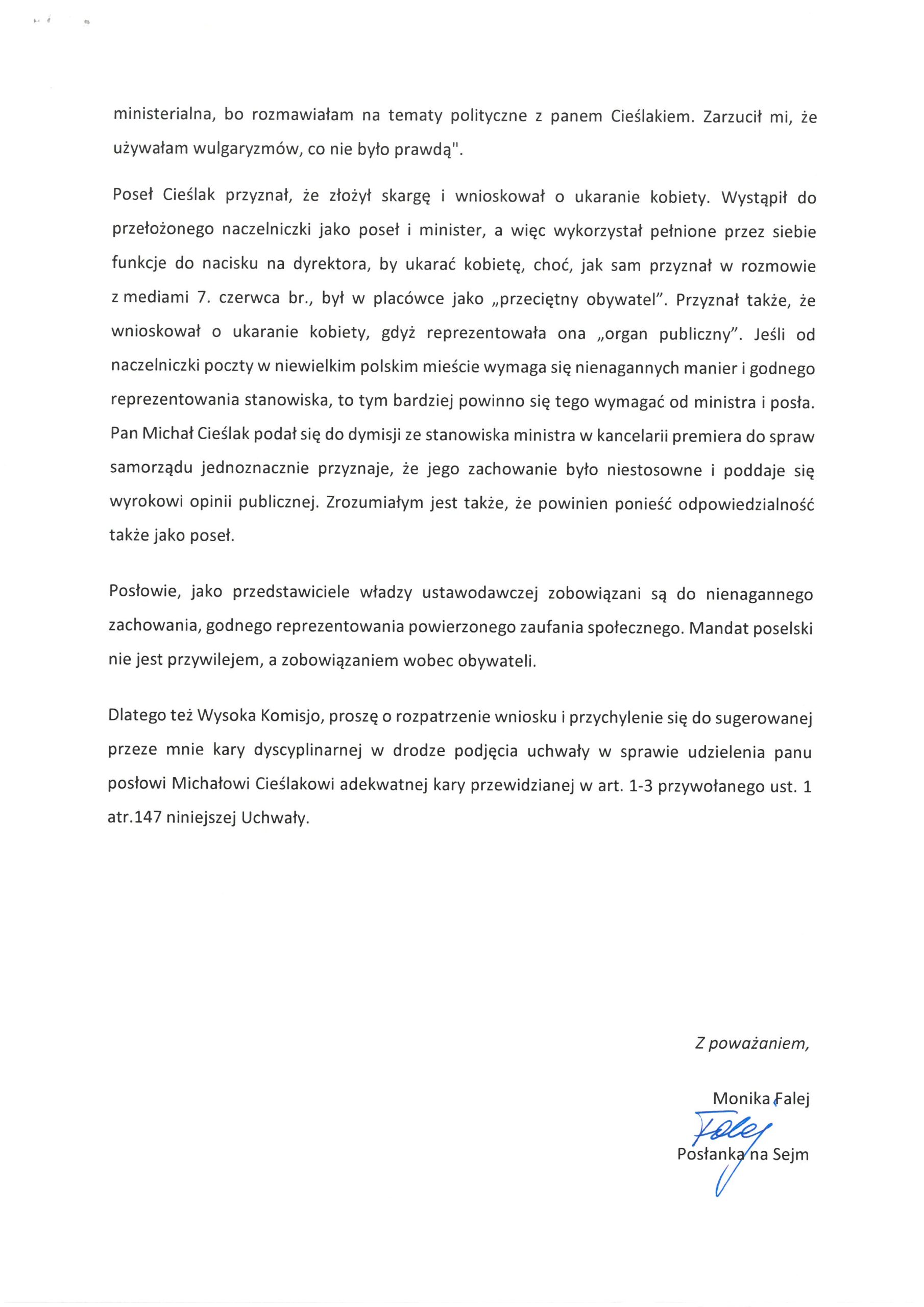 Zeskanowana strona dokumentu z wnioskiem do Komisji Etyki Poselskiej o ukaranie w aferze w Pacanowie, z podpisem na dole.