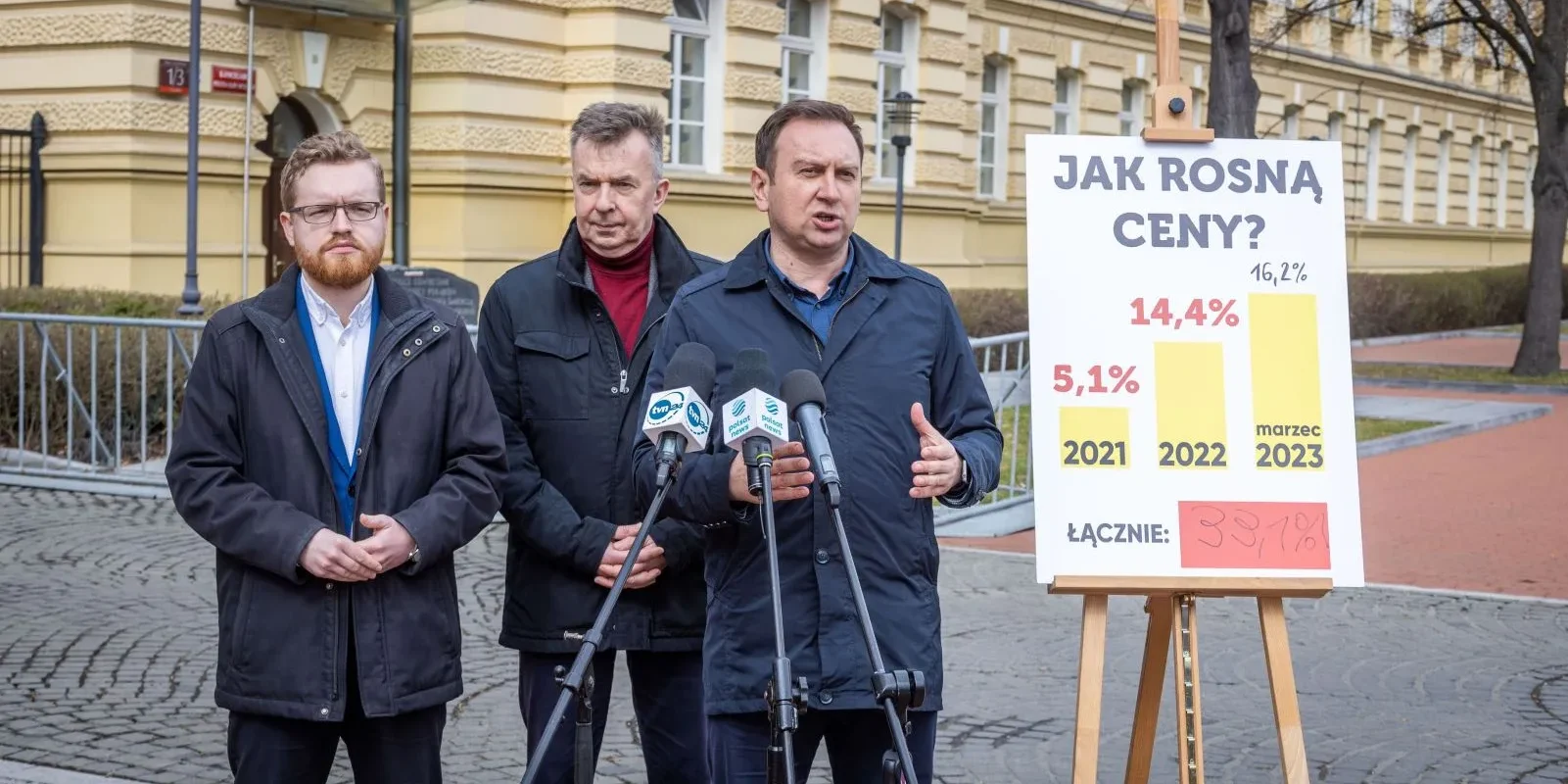 Na zdjęciu trzech mężczyzn stoi przed tablicą przedstawiającą wzrost cen w latach 2021-2023 podczas konferencji prasowej.