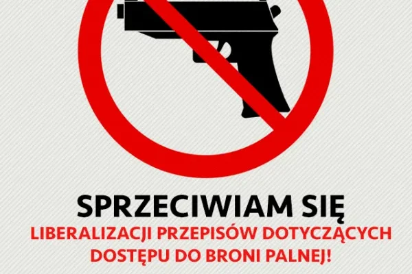 Plakat SLD z przekreślonym pistoletem i napisem „Sprzeciwiam się liberalizacji przepisów dotyczących dostępu do broni palnej”.