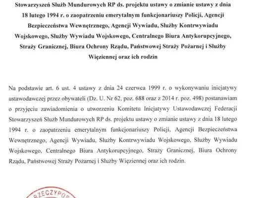 Postanowienie Marszałka Sejmu z 13 października 2017 r. potwierdzające przyjęcie zawiadomienia o utworzeniu Komitetu Inicjatywy Ustawodawczej Federacji Stowarzyszeń Służb Mundurowych RP, opatrzone urzędową pieczęcią i podpisem.