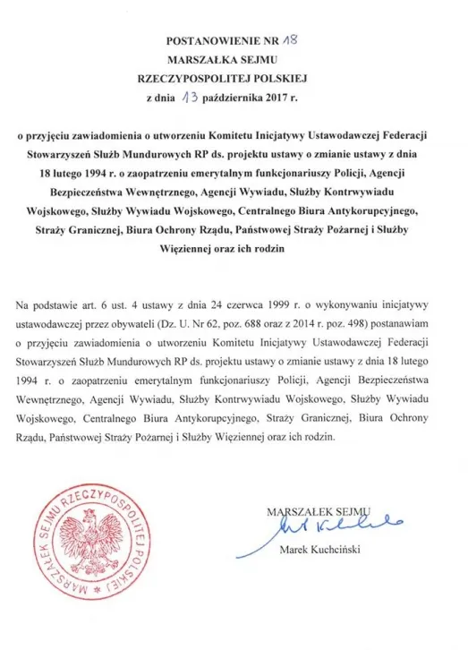 Postanowienie Marszałka Sejmu z 13 października 2017 r. potwierdzające przyjęcie zawiadomienia o utworzeniu Komitetu Inicjatywy Ustawodawczej Federacji Stowarzyszeń Służb Mundurowych RP, opatrzone urzędową pieczęcią i podpisem.