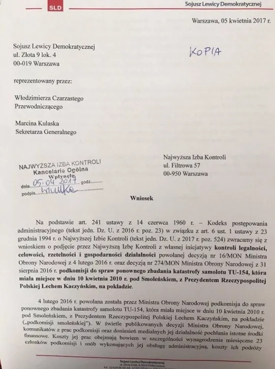 Fotografia skserowanego dokumentu z nagłówkiem partii politycznej, datą 5 kwietnia 2017, odręcznym dopiskiem „KOPIA” oraz tytułem „Wniosek” skierowanego do Najwyższej Izby Kontroli w sprawie ponownego zbadania katastrofy lotniczej.