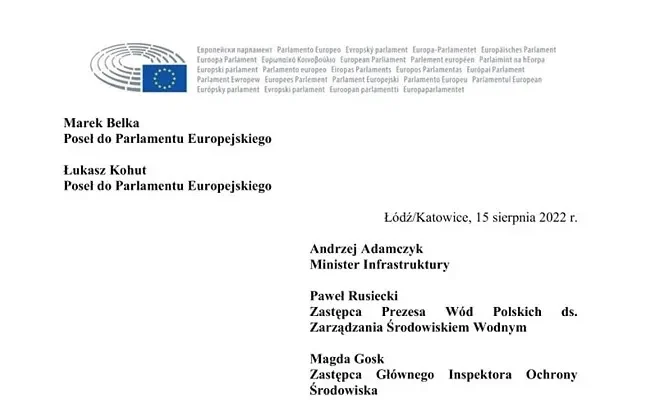 Dokument z datą 15 sierpnia 2022 roku, zawierający nazwiska posłów do Parlamentu Europejskiego oraz przedstawicieli władz związanych z infrastrukturą i ochroną środowiska.