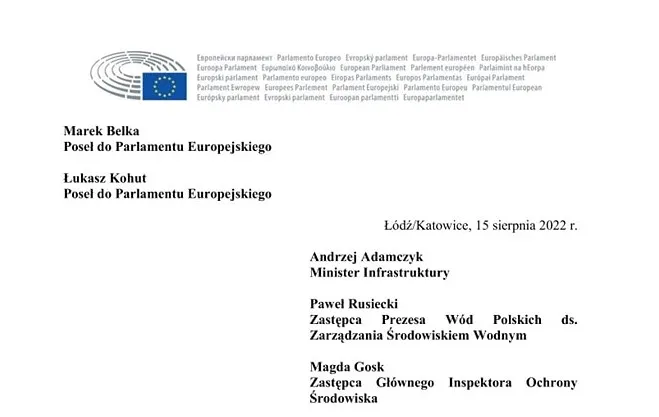 Dokument z datą 15 sierpnia 2022 roku, zawierający nazwiska posłów do Parlamentu Europejskiego oraz przedstawicieli władz związanych z infrastrukturą i ochroną środowiska.