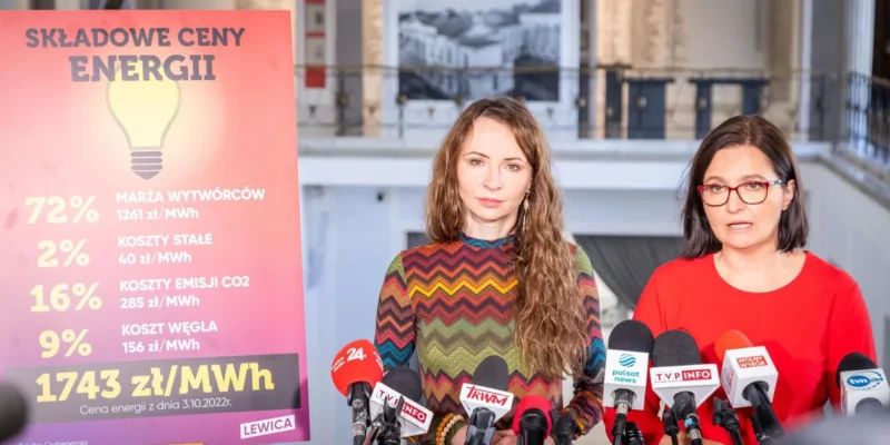 Na zdjęciu dwie kobiety stoją przed tablicą prezentującą składowe ceny energii, podczas gdy w tle widać elementy wnętrza budynku.