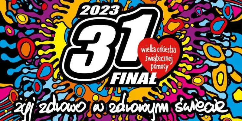 Grafika przedstawia logo 31. Finału Wielkiej Orkiestry Świątecznej Pomocy z hasłem "Zgadzam się zdrowo w zdrowym świecie" na kolorowym tle.