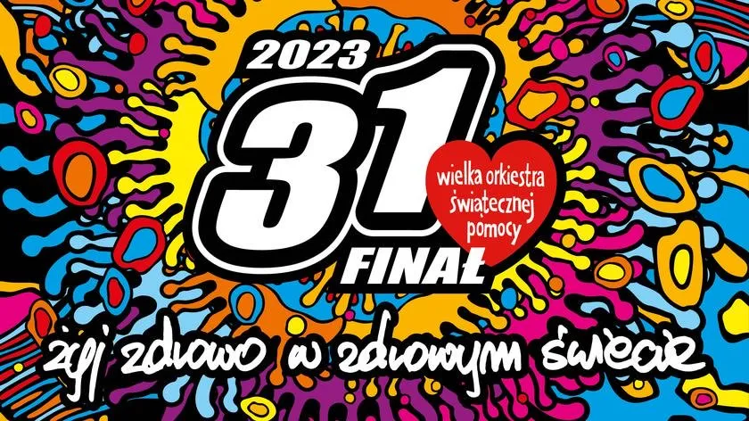 Grafika przedstawia logo 31. Finału Wielkiej Orkiestry Świątecznej Pomocy z hasłem "Zgadzam się zdrowo w zdrowym świecie" na kolorowym tle.