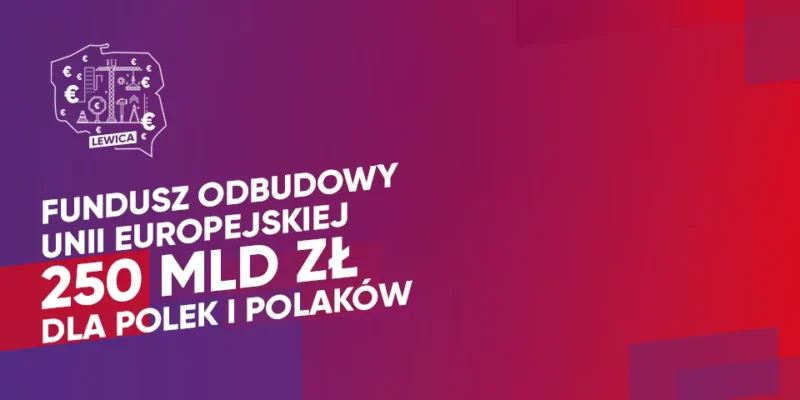 Baner polityczny Lewicy promujący Fundusz Odbudowy Unii Europejskiej z hasłem „250 mld zł dla Polek i Polaków” na gradientowym tle.