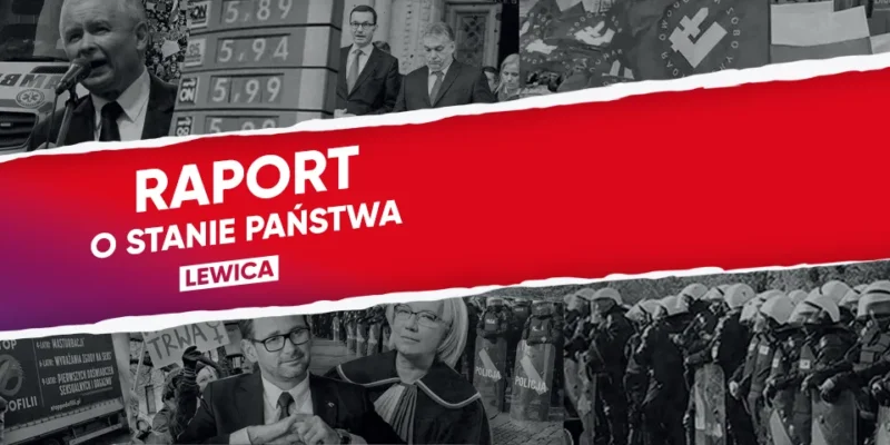 Zestawienie zdjęć związanych z polityką, społeczeństwem i bezpieczeństwem w Polsce, z tytułem "Raport o stanie państwa" w kolorze czerwonym na tle czarno-białych obrazów.