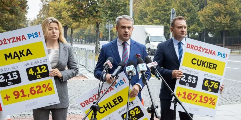 Na zdjęciu przedstawieni są trzej politycy podczas konferencji prasowej, trzymający plakaty z informacjami o wzroście cen żywności, takich jak chleb, mąka i cukier.