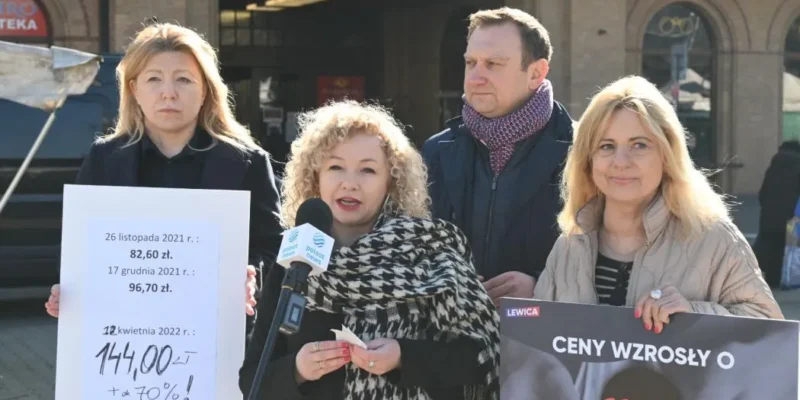 Grupa czterech osób Lewicy stoi na ulicy podczas konferencji prasowej; jedna kobieta mówi do mikrofonu, dwie trzymają plakaty ilustrujące wzrost cen żywności.