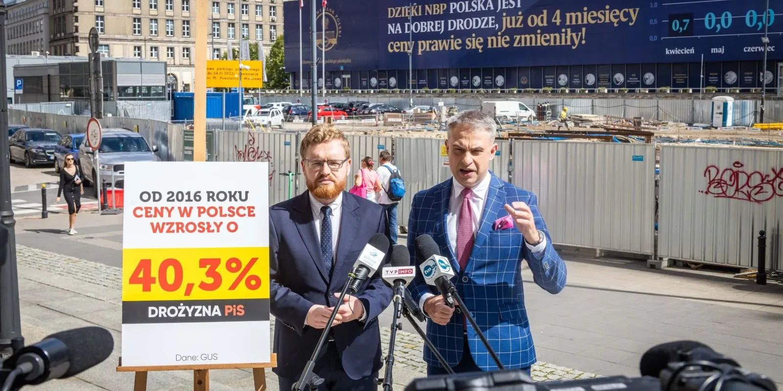 Dwóch mężczyzn w garniturach prowadzi konferencję prasową na placu budowy; stoją obok tablicy informacyjnej z napisem „OD 2016 ROKU CENY W POLSCE WZROSŁY O 40,3%”, a w tle widoczny jest duży baner związany z NBP.