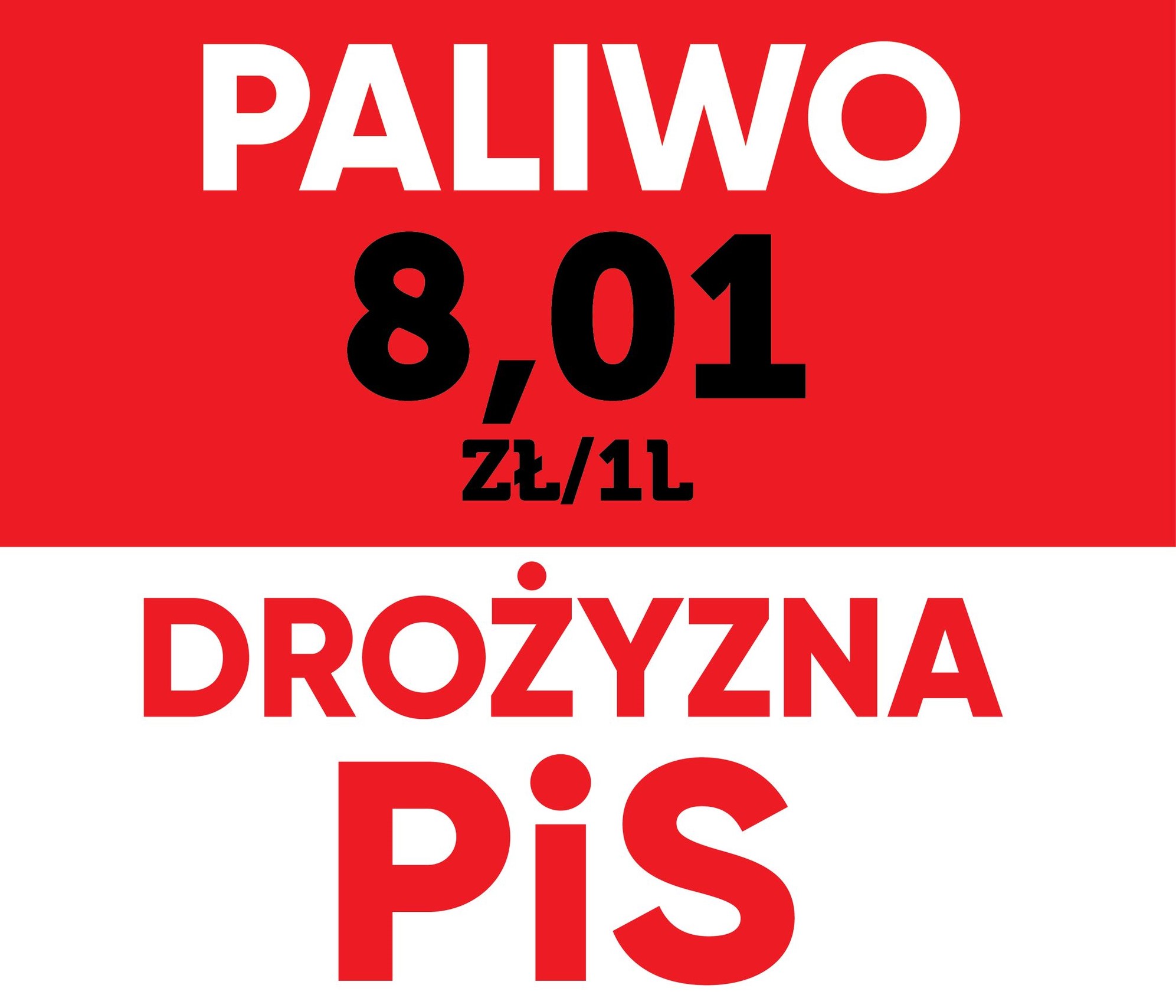 Plakat informujący o cenie paliwa wynoszącej 8,01 zł za litr, z hasłem 