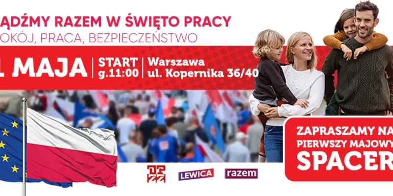 Rodzina z dwójką dzieci po prawej stronie, w tle tłum z flagami UE i Polski oraz baner promujący 1 maja w Warszawie.