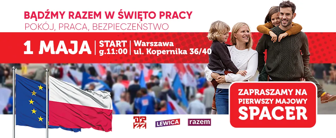 Rodzina z dwójką dzieci po prawej stronie, w tle tłum z flagami UE i Polski oraz baner promujący 1 maja w Warszawie.