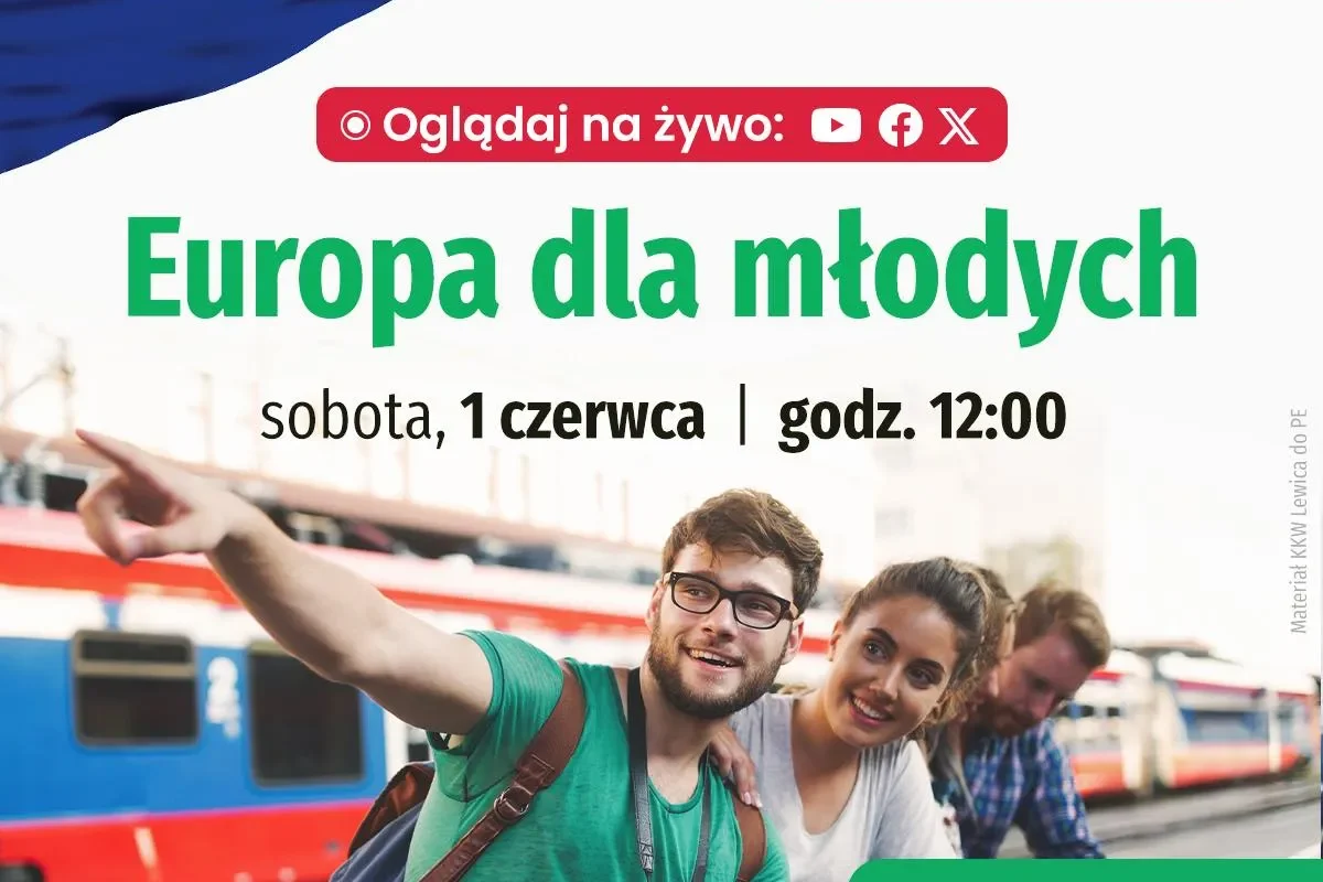 Plakat promujący konwencję Europa dla Młodych (Lewica) z grupą młodych ludzi na dworcu kolejowym i pociągiem w tle, z hasłem „Europa dla młodych”.