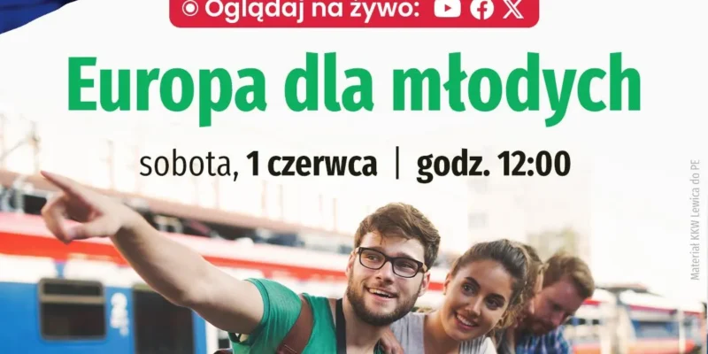 Plakat promujący konwencję Europa dla Młodych (Lewica) z grupą młodych ludzi na dworcu kolejowym i pociągiem w tle, z hasłem „Europa dla młodych”.