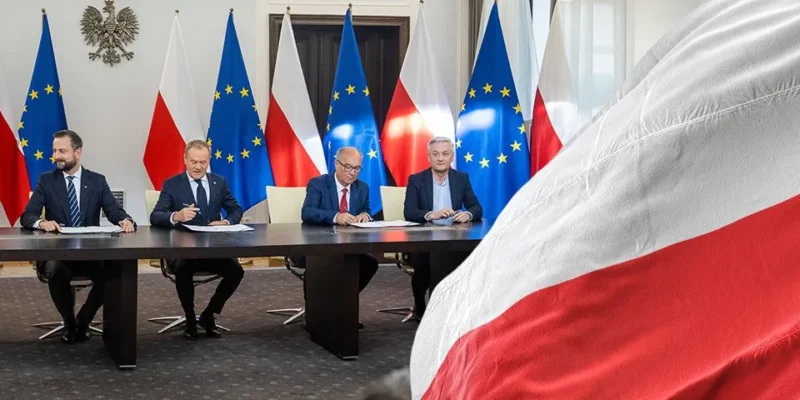 Grupa polityków podpisuje dokumenty przy długim stole, na tle flag Polski i Unii Europejskiej.