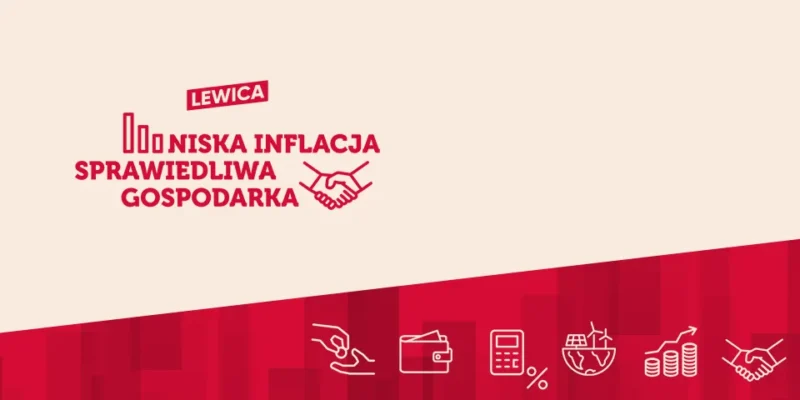 Grafika promująca hasła Lewicy dotyczące niskiej inflacji i sprawiedliwej gospodarki, z ilustracjami przedstawiającymi różne aspekty ekonomiczne.
