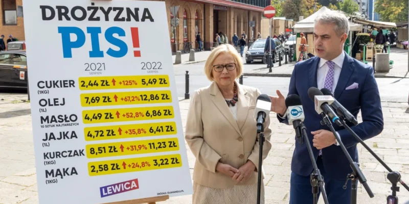 Na zdjęciu przedstawiono politykówLewicy, którzy omówić wzrost cen podstawowych produktów w 2022 roku w porównaniu z rokiem 2021.