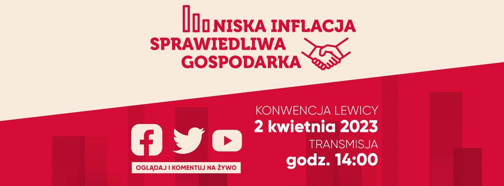 Plakat reklamujący konwencję Lewicy pt. "Niska inflacja, sprawiedliwa gospodarka", która odbędzie się 2 kwietnia 2023 roku o godzinie 14:00, z informacją o transmisji na żywo na platformach społecznościowych.