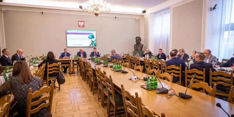 Grupa osób bierze udział w formalnym spotkaniu dotyczącym bezpieczeństwa energetycznego Polski, siedząc przy długim stole konferencyjnym w sali z prezentacją na monitorze i popiersiem w tle.