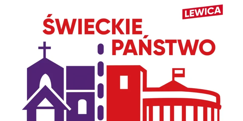 Plakat promujący konwencję Lewicy „Świeckie Państwo” z ilustracją kościoła, budynków i linii sylwetek ludzi w kolorach purpury i czerwieni.