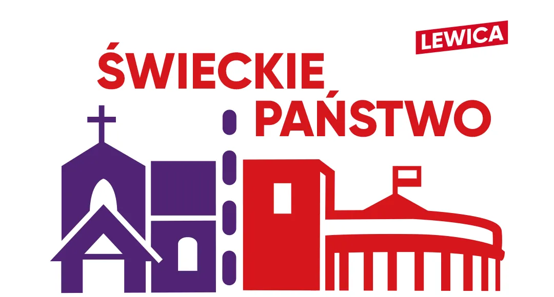 Plakat promujący konwencję Lewicy „Świeckie Państwo” z ilustracją kościoła, budynków i linii sylwetek ludzi w kolorach purpury i czerwieni.