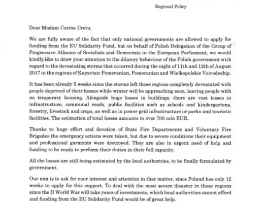 Skan oficjalnego listu z Parlamentu Europejskiego zwracającego się do komisarza ds. polityki regionalnej o pilne wsparcie dla regionów poszkodowanych w nawałnicach.