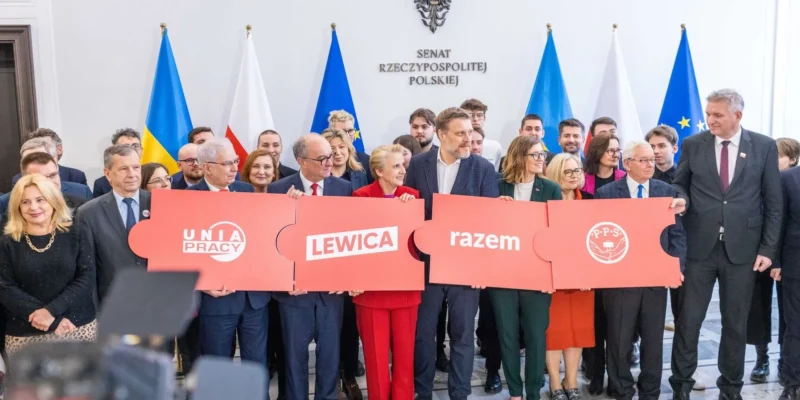 Grupa polityków stoi w holu Senatu RP, trzymając połączone czerwone puzzle z logotypami Lewica, Razem, Unia Pracy i Polskiej Partii Socjalistycznej, symbolizujące podpisane porozumienie na wybory.