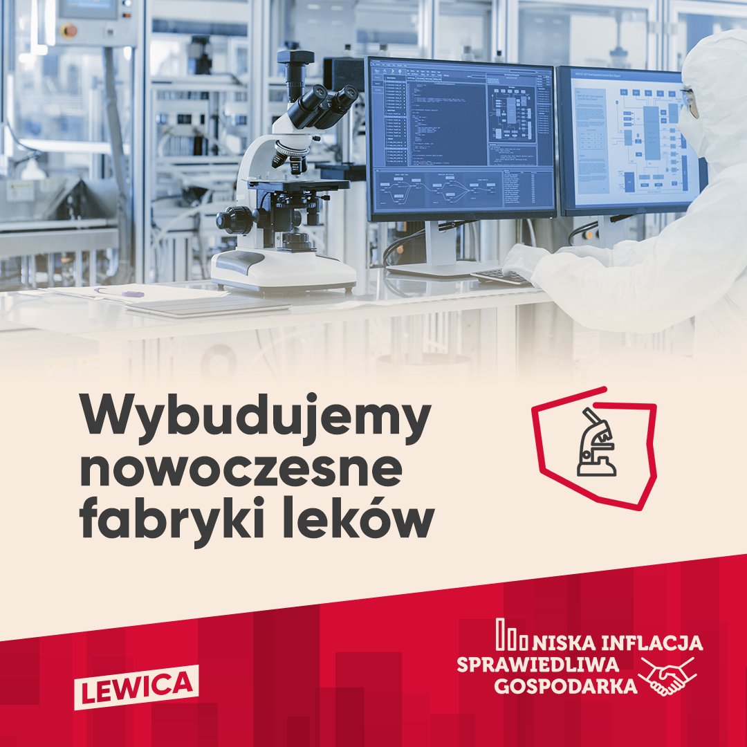 Na zdjęciu przedstawiono nowoczesne laboratorium farmaceutyczne z mikroskopem oraz komputerami, z hasłem o budowie nowoczesnych fabryk leków.