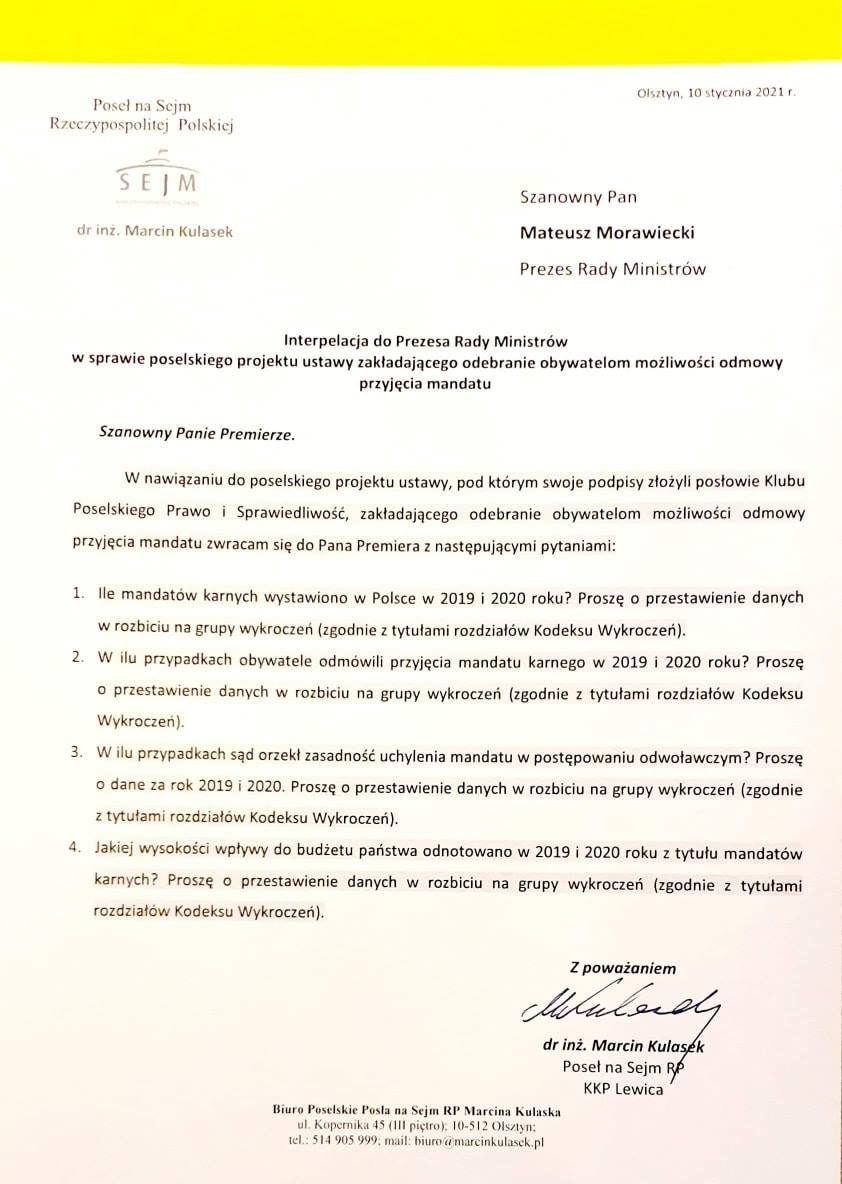 Strona interpelacji urzędowej skierowanej do Prezesa Rady Ministrów, z żółtym paskiem na górze i podpisem posła na dole.