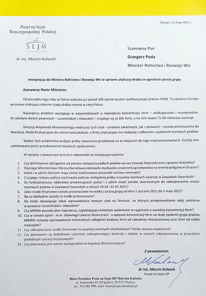 Oficjalny list interpelacyjny posła do Ministra Rolnictwa i Rozwoju Wsi w sprawie epidemii ptasiej grypy i utylizacji drobiu.