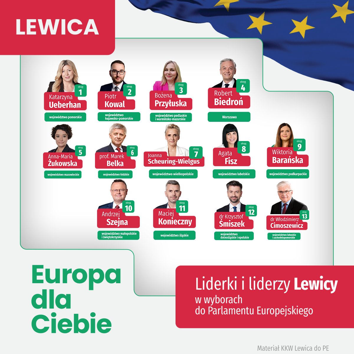 Kolaż portretów liderów Lewicy kandydatów do Parlamentu Europejskiego z numerami okręgów i przypisanymi województwami.
