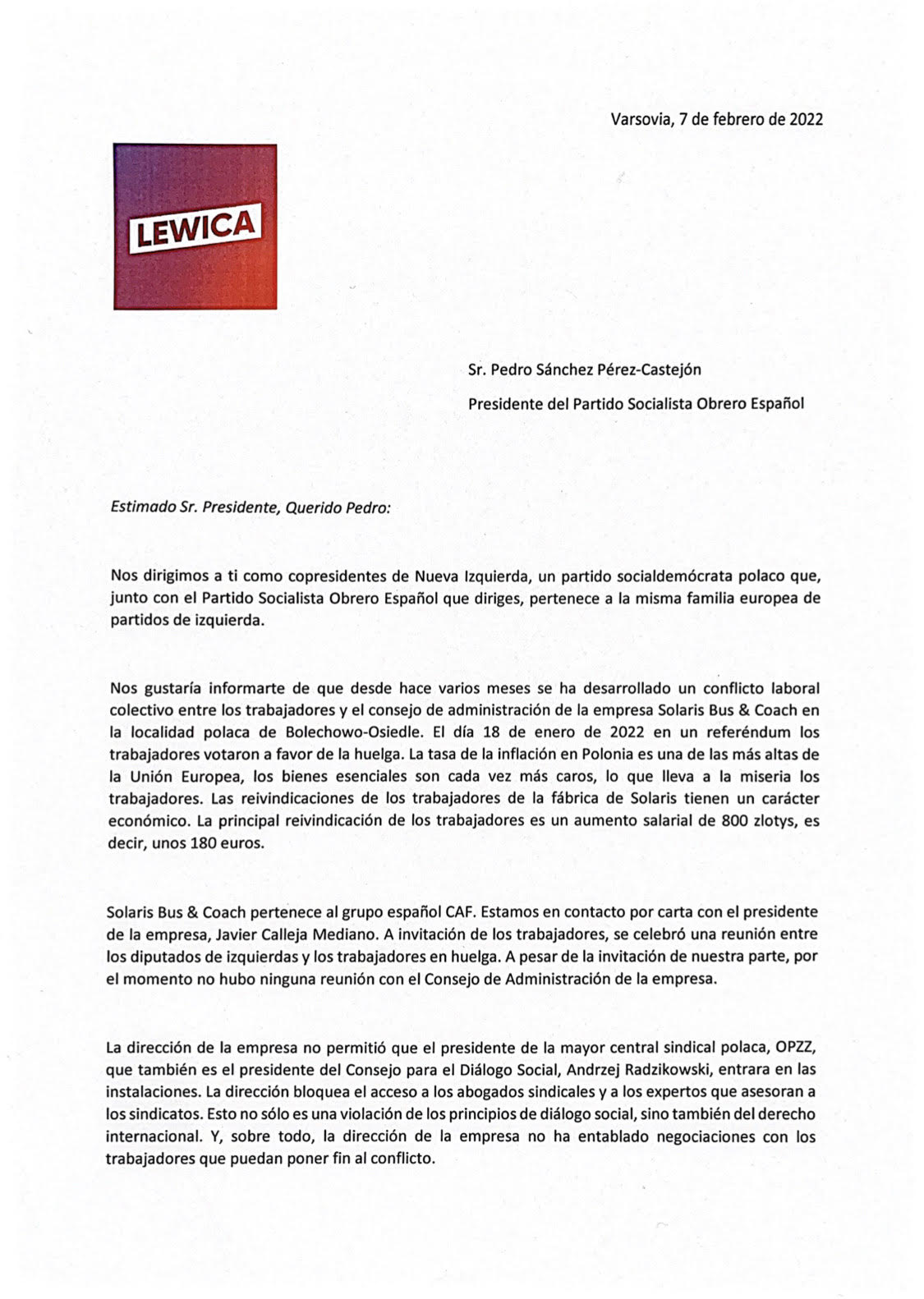 Zdjęcie przedstawia list adresowany do prezesa hiszpańskiego socjalistycznego partii, w którym omawiane są problemy laborystyczne w firmie Solaris Bus & Coach oraz żądania pracowników.