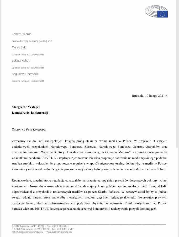 Formalny list eurodeputowanych S&D do komisarz ds. konkurencji Margrethe Vestager, z logiem Unii Europejskiej w prawym górnym rogu, datowany Bruksela, 10 lutego 2021.