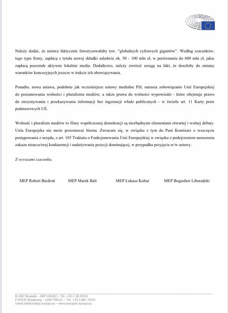Strona listu eurodeputowanych S&D do Komisarz ds. Konkurencji Margrethe Vestager w sprawie kolejnej próby ataku na wolne media w Polsce, z logo UE w prawym górnym rogu.