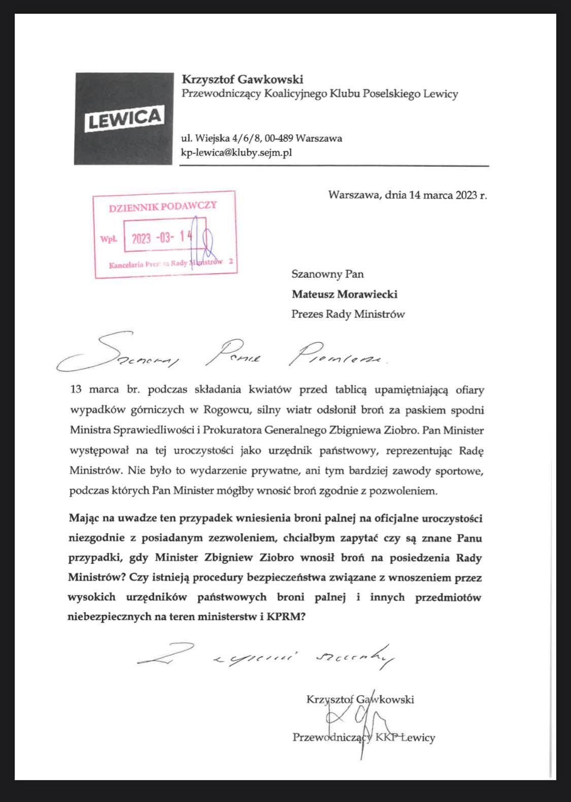 List Krzysztofa Gawkowskiego, Przewodniczącego Koalicyjnego Klubu Poselskiego Lewicy, skierowany do Mateusza Morawieckiego, dotyczący incydentu z bronią podczas uroczystości w Rogowcu.