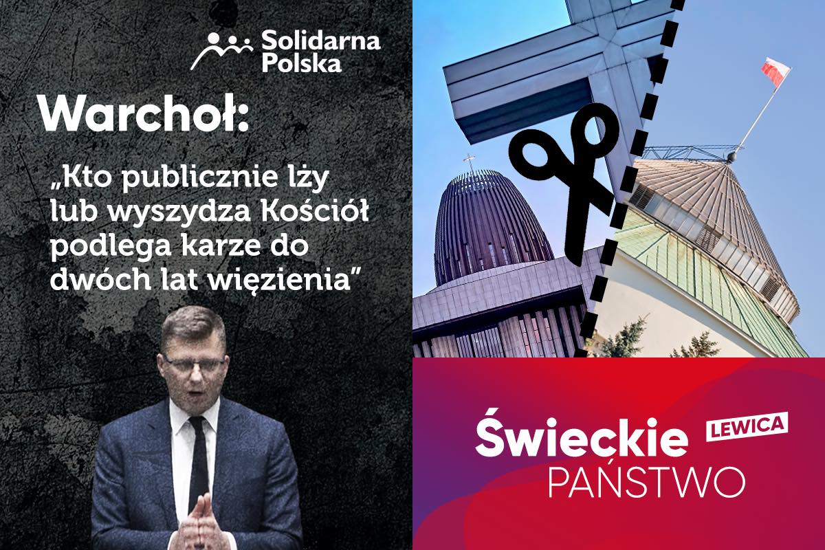 Kolaż polityczny przedstawiający mężczyznę w garniturze na tle z napisem o karze za publiczne łżenie lub znieważanie Kościoła oraz fragment budynków, a na dole plakat z napisem „Świeckie Państwo” i logo Lewicy.