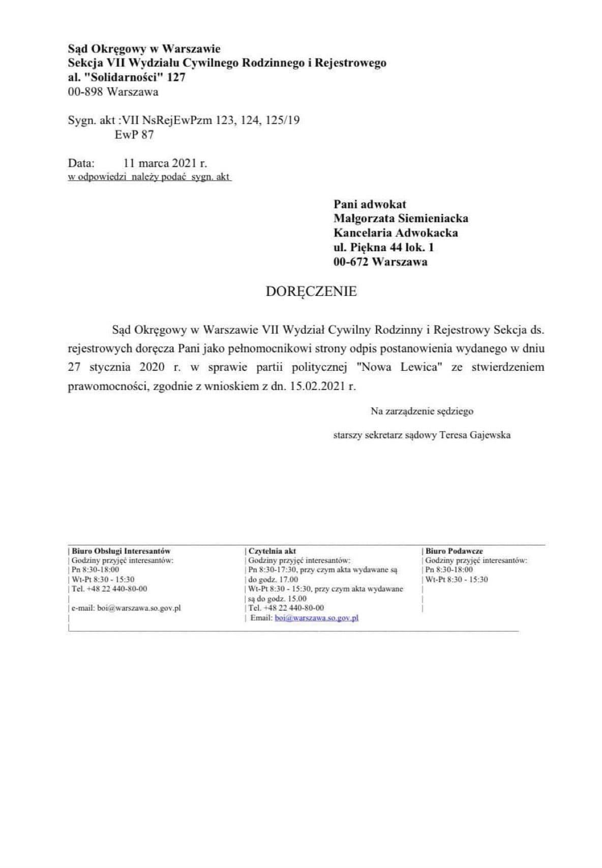 Skan oficjalnego pisma urzędowego z Sądu Okręgowego w Warszawie (VII Wydział Cywilny Rodzinny i Rejestrowy), zatytułowanego „Doręczenie”.