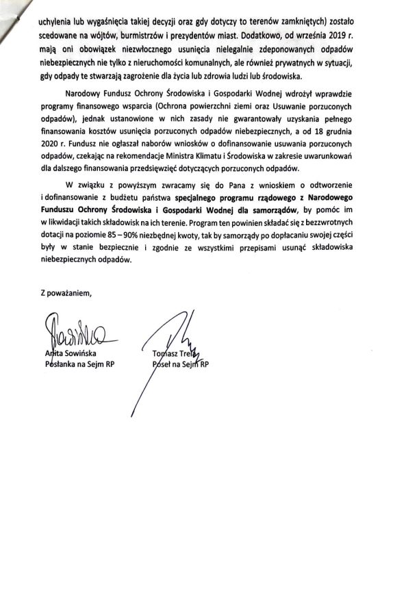 Formalne pismo z dwoma podpisami na dole, omawiające przeznaczenie środków z rezerwy budżetowej na likwidację składowisk niebezpiecznych odpadów zamiast na pikniki programu 800 Plus.