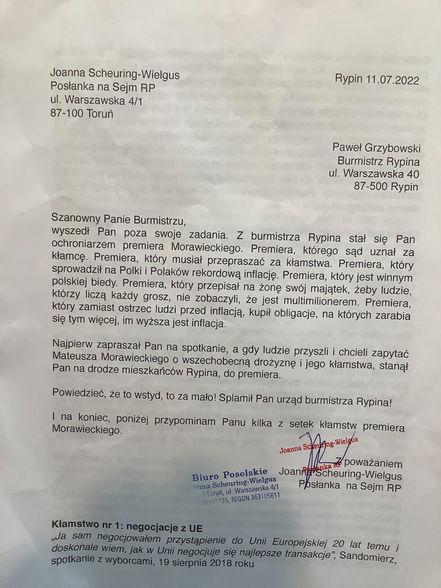 List urzędowy autorstwa posłanki Joanny Scheuring-Wielgus do Burmistrza Rypina, z podpisem i stemplami, datowany w Rypinie 11.07.2022.