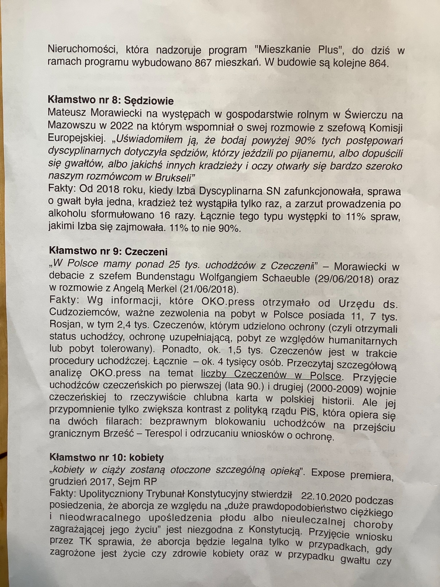 Strona wydrukowanego dokumentu po polsku, pokazująca sekcje „Kłamstwo nr 8: Sędziowie”, „Kłamstwo nr 9: Czeczeni” i „Kłamstwo nr 10: kobiety” z cytatami i faktami.