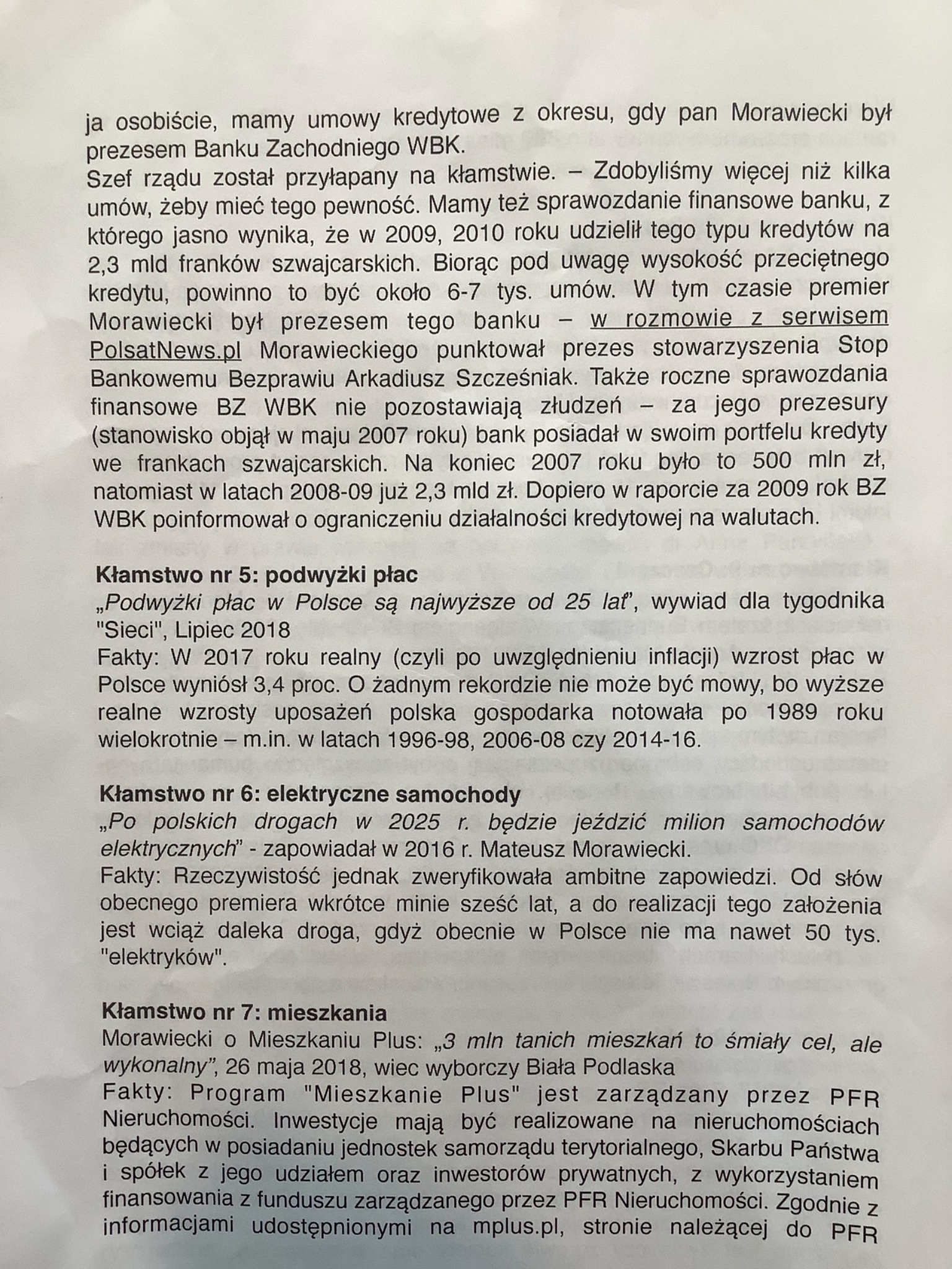 Dokument przedstawia krytykę wypowiedzi premiera Mateusza Morawieckiego dotyczących umów kredytowych oraz innych obietnic dotyczących gospodarki i mieszkań w Polsce.