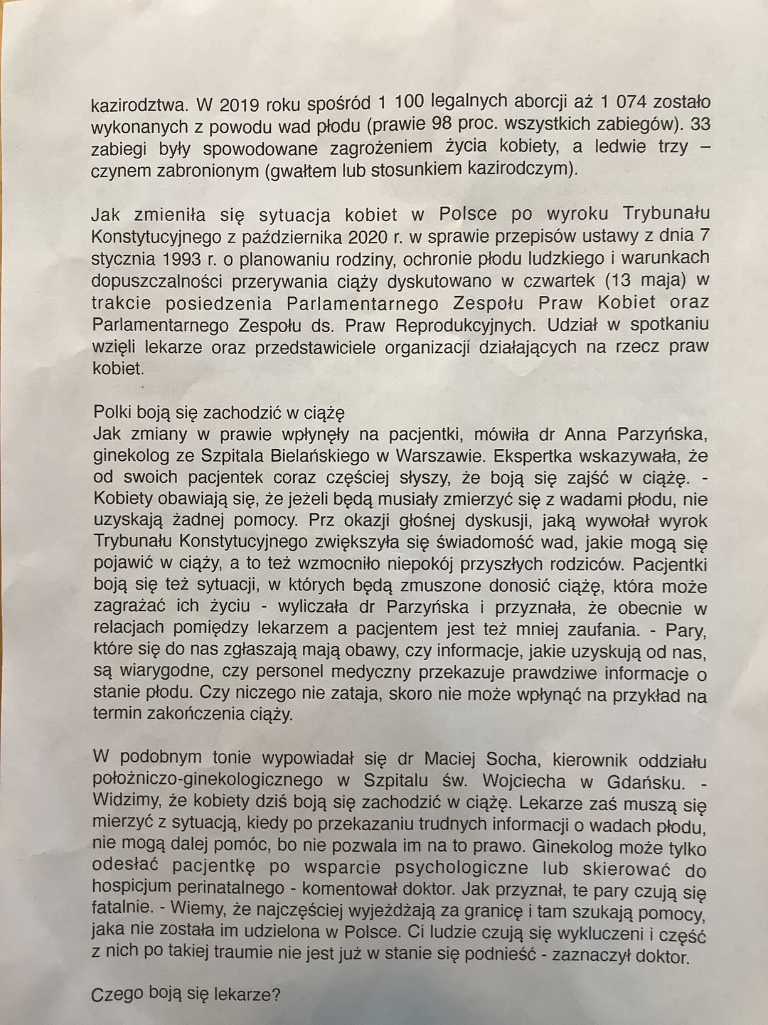 Strona dokumentu (pismo) w języku polskim z długim blokiem tekstu, widoczna na zdjęciu.