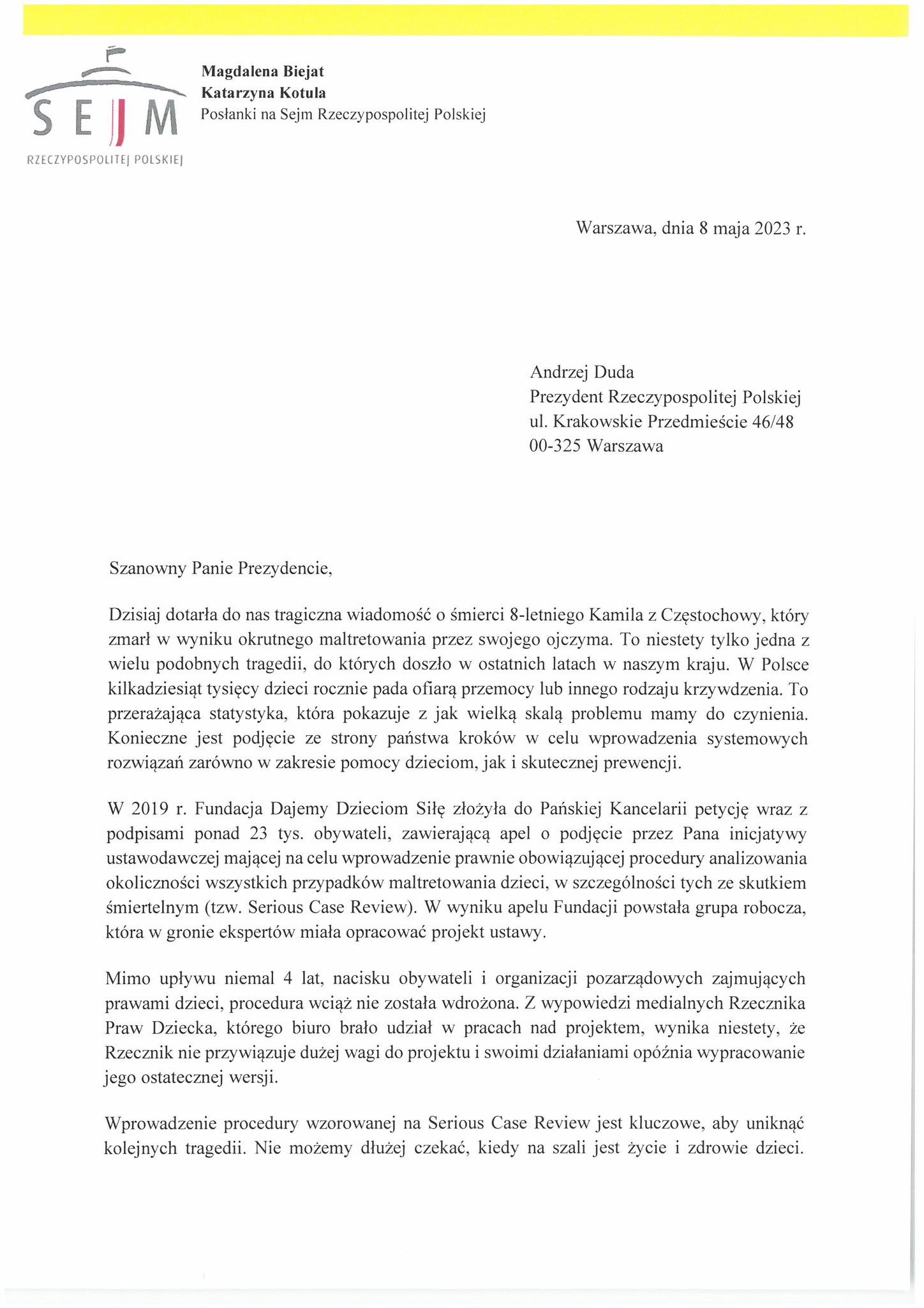 Strona oficjalnego listu Sejmu RP z datą 8 maja 2023 skierowanego do Prezydenta RP, zaczynająca się od „Szanowny Panie Prezydencie”.